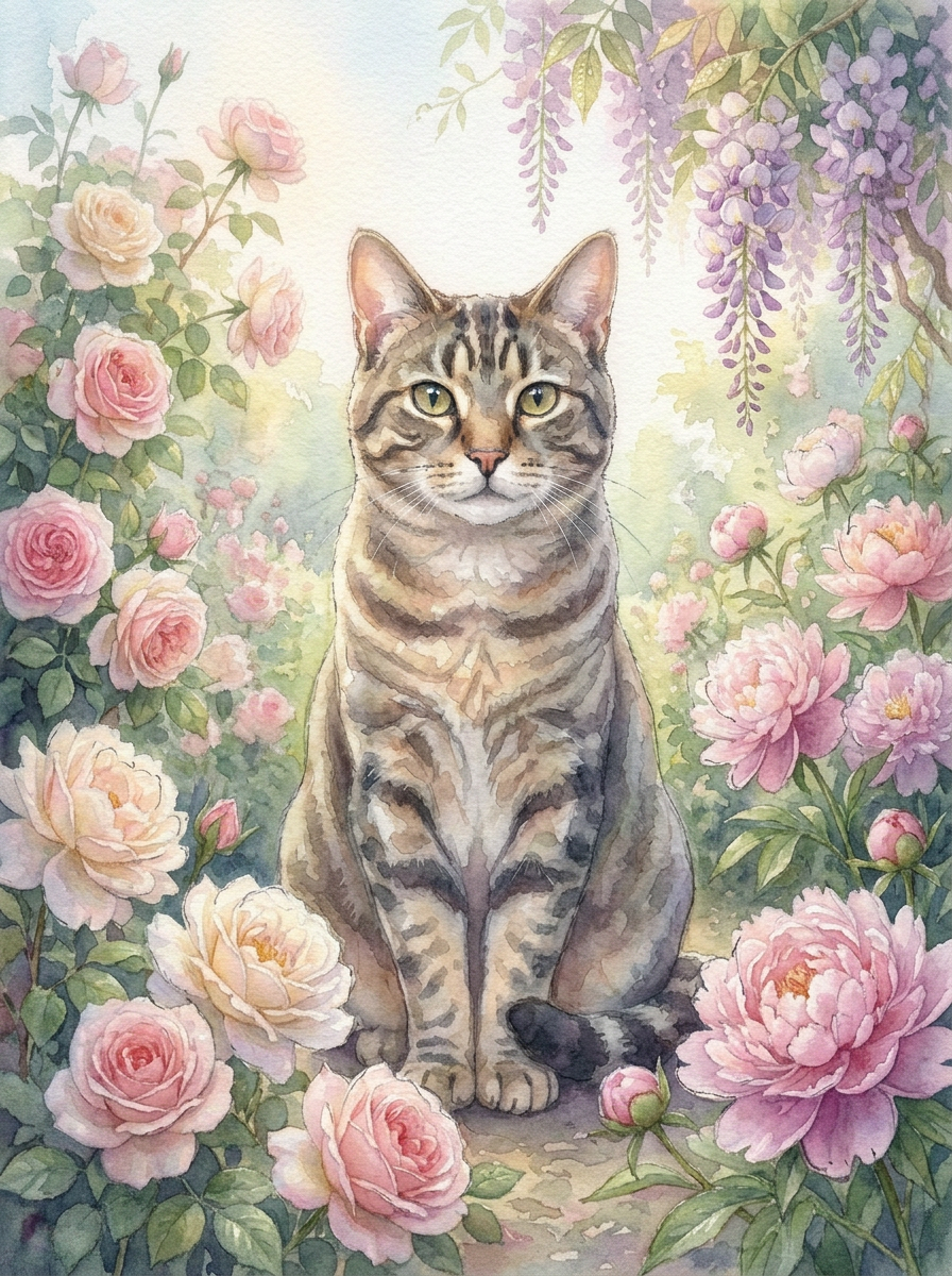 Tabby Cat — Soft Watercolor in Garden